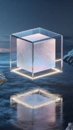 3d render of a cube in the sea with reflection on the waterの写真素材
