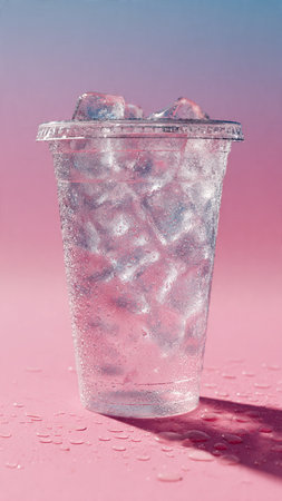 Ice cubes in a plastic cup on a pink background with water drops.の写真素材