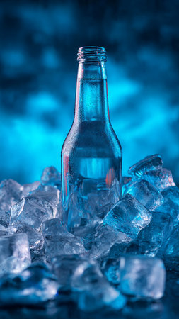 Bottle with ice cubes on blue background. Close up.の写真素材