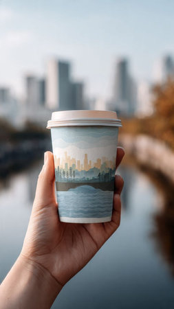 Takeaway coffee cup in hand on background of skyscrapers and riverの写真素材