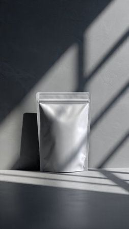 White plastic bag mockup on grey background with shadow from the windowの写真素材