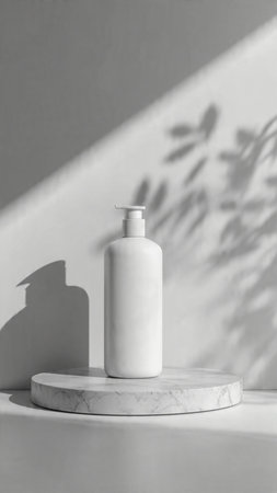 White cosmetic bottle mockup on white marble podium in sunlight with shadows. Natural beauty product presentation.の写真素材