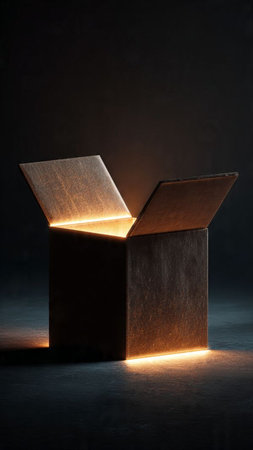 Open wooden box with a glowing light in the dark. Conceptual image.の写真素材