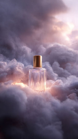 Bottle on a background of a beautiful sky with cloudsの写真素材