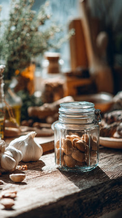 Garlic and nuts in glass jar on rustic wooden table.の写真素材