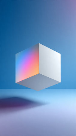 3d rendering of a cube in a blue room with light and shadowの写真素材