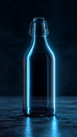 Empty glass bottle with blue neon light on dark background. 3d renderingの写真素材