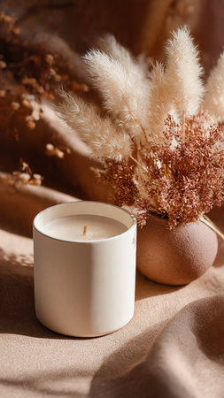 white candle on the background of a brown fabric and a bouquet of dried flowersの写真素材