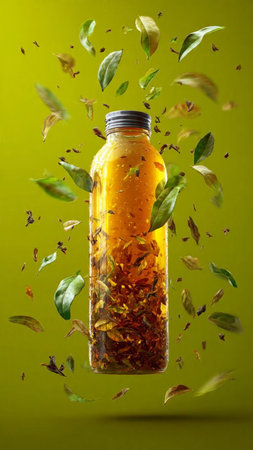 Bottle of natural vegetable oil with flying leaves on a green backgroundの写真素材
