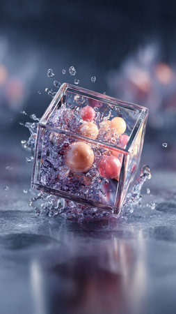 Frozen fruits in ice cube with water drops on black background.の写真素材