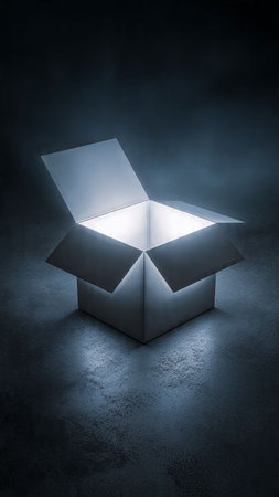 Opened paper box in dark room with smoke, 3D renderingの写真素材