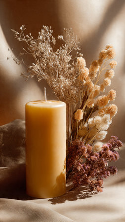 candle and dried flowers on a beige background, still lifeの写真素材