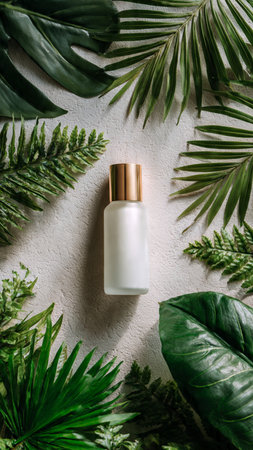 Mockup of cosmetic bottle with tropical leaves on white background, flat layの写真素材