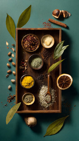 Spices and herbs on a wooden tray. Food and cuisine ingredients.の写真素材