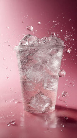 Glass of water with ice cubes and water drops on a pink backgroundの写真素材