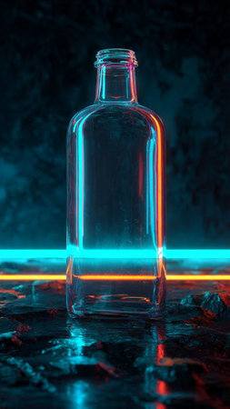 Empty glass bottle on a dark background with blue neon light. Copy space.の写真素材