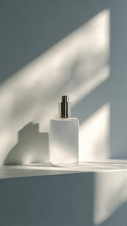 Cosmetic bottle on white shelf with shadow on wall. Sunlight effect.の写真素材