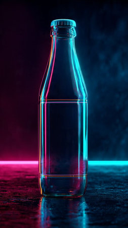 Empty glass bottle on dark background with red and blue neon light.の写真素材