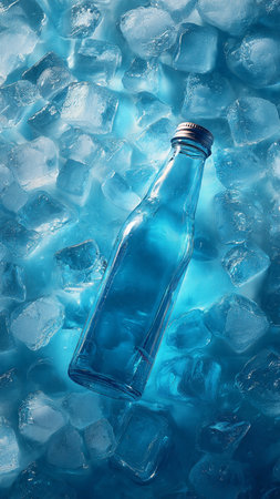 Bottle of water with ice cubes on blue background, top viewの写真素材