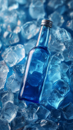 bottle with ice cubes on blue background, close upの写真素材