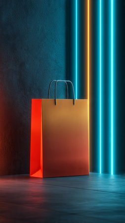 Shopping bag on dark background with neon lights. 3d renderingの写真素材