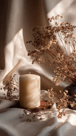 Candle and dried flowers on a background of beige fabric.の写真素材
