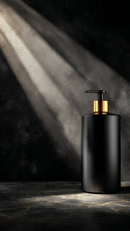 Black cosmetic bottle on dark background with sunbeams. 3d renderの写真素材
