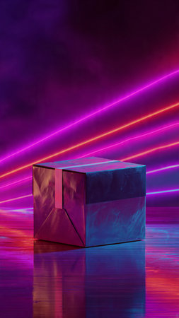 Gift box on a background of luminous lines. 3d renderingの写真素材
