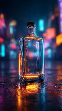 Empty whiskey bottle on dark background with colorful bokeh lights.の写真素材