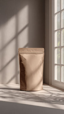 Empty brown paper bag in sunlight. Mock up, 3D Renderingの写真素材