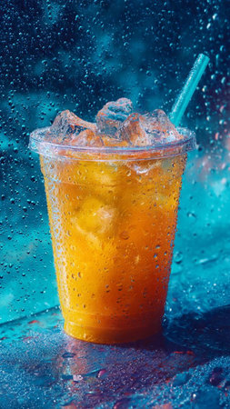 A cup of iced orange juice with a straw on a blue background.の写真素材