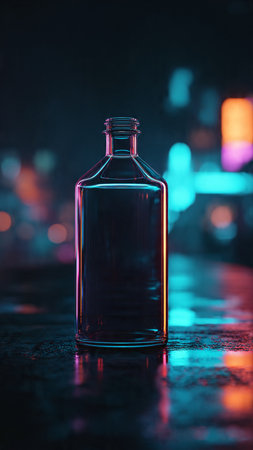 Drink in a glass bottle on a dark background with a beautiful bokeh.の写真素材