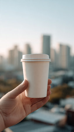 Female hand holding a paper cup of coffee on the background of the cityの写真素材