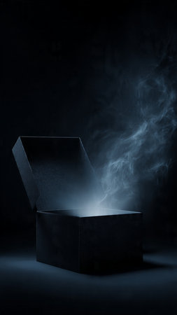 Gift box with smoke on black background. 3d rendering.の写真素材