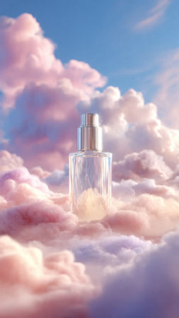 Perfume bottle on a background of pink clouds and blue skyの写真素材