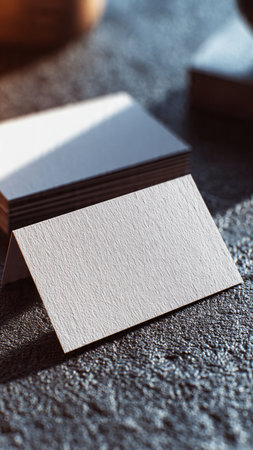 Blank business cards on dark background. Mockup for branding identity.の写真素材