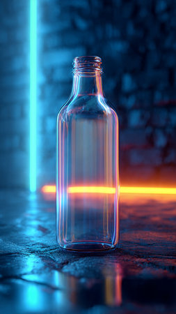 Empty glass bottle on dark background with blue neon light. Copy space.の写真素材
