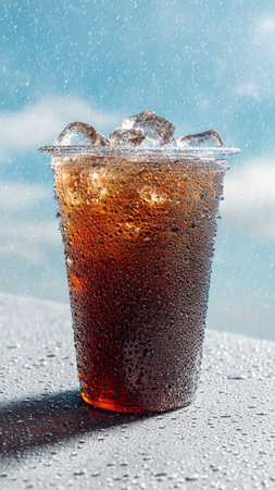 cola with ice on a background of blue sky, close-upの写真素材
