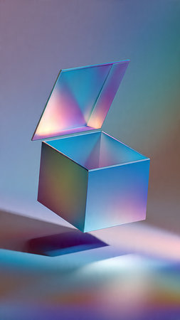 3d rendering of an open box with a blue light inside.の写真素材