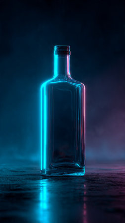 Empty glass bottle on dark background with smoke.の写真素材