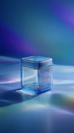 Glass jar on a blue background with highlightsの写真素材