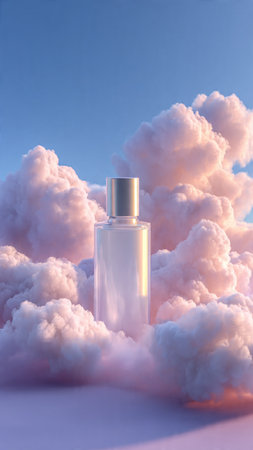 Cosmetic bottle on a background of clouds. 3D rendering.の写真素材