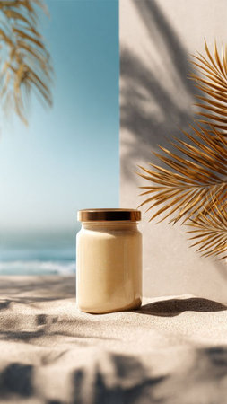 Mockup of a jar of sunscreen cream on the sand against the background of palm leaves and the sea.の写真素材