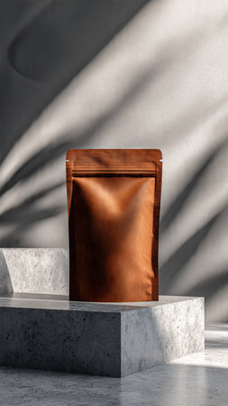 3d render of a brown paper bag standing on a concrete pedestalの写真素材