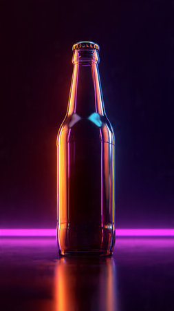 Empty beer bottle on a dark background with neon light. Copy space.の写真素材