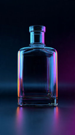 bottle on a black background with blue and red lightingの写真素材