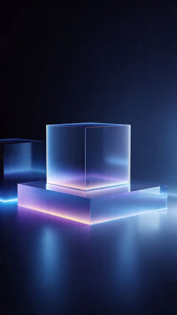3d render, abstract background, empty podium, blue and purple neon lightの写真素材