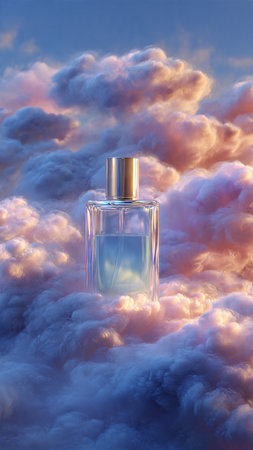 Perfume bottle on a background of clouds. 3d renderingの写真素材
