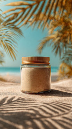 Jar with cosmetic cream on sand near palm tree on beach, space for textの写真素材
