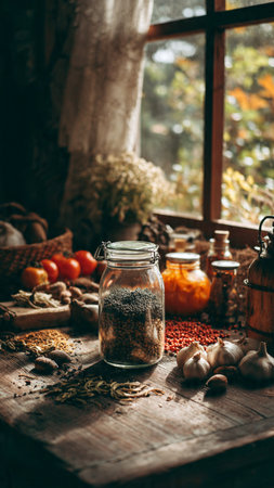 Spices and herbs in a glass jar on a wooden table.の写真素材
